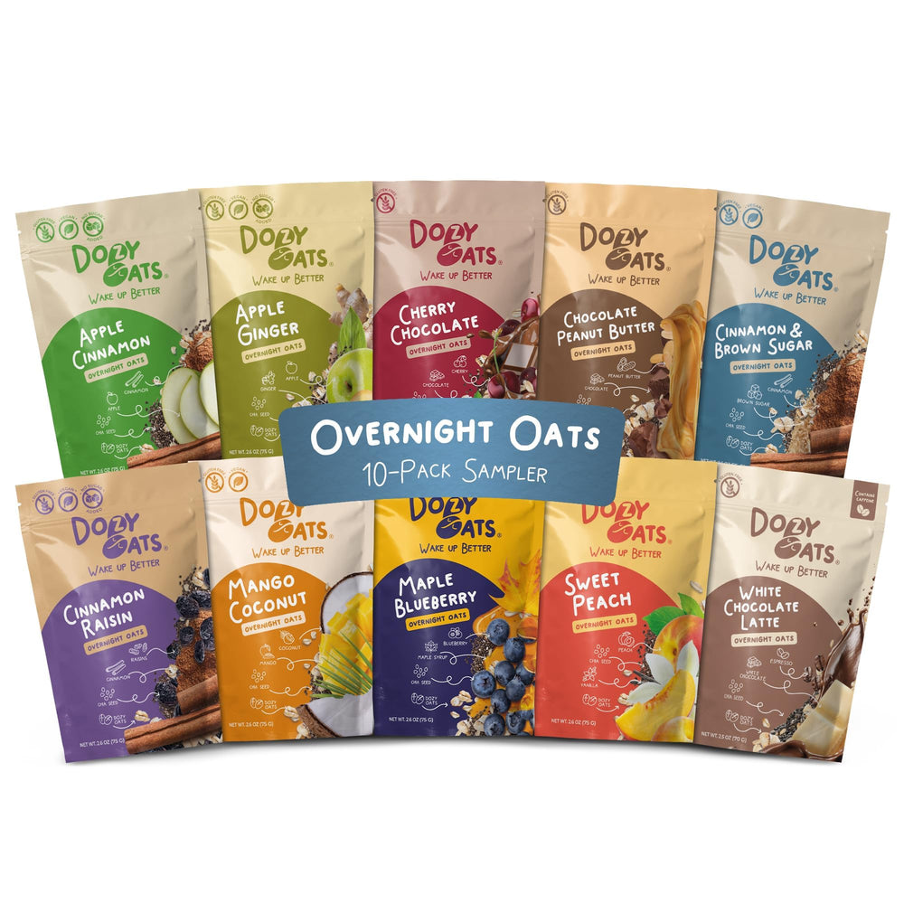 Dozy Oats front packaging showing variety pack and gluten free benefit