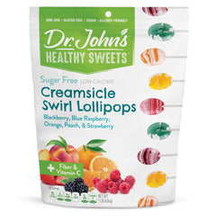 Dr. John's front packaging showing creamsicle lollipops and resealable bag benefit: portable freshness