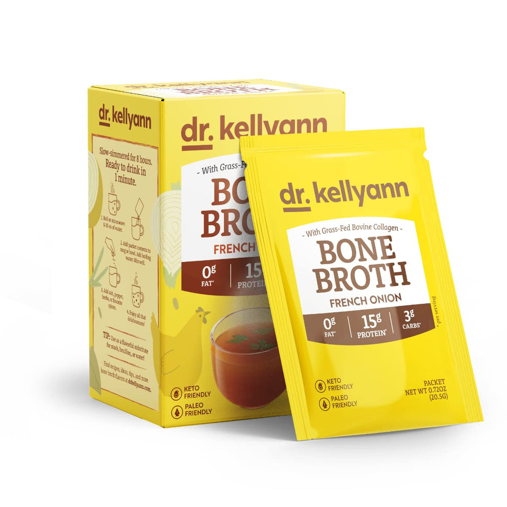 Dr. Kellyann box front showing French Onion broth for convenient savory nutrition
