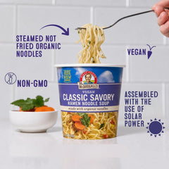 Dr. McDougall's open cup showing savory broth and noodle clarity