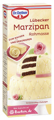 Dr. Oetker front packaging of marzipan showing product and weight, convenient for bakers
