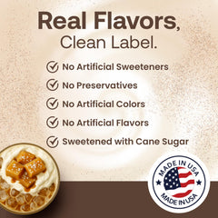 Dr. Smoothie prepared iced salted caramel latte in clear glass, ready to drink