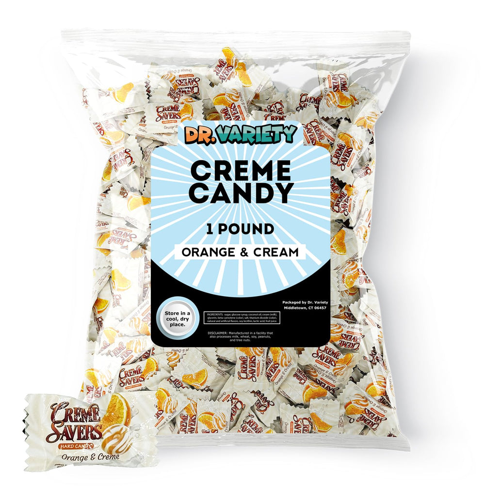 Dr. Variety front packaging showing resealable bag and bright orange cream candies for convenience
