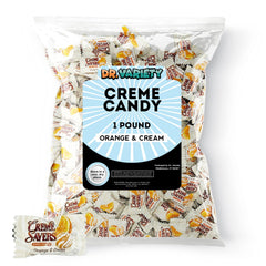 Dr. Variety front packaging showing resealable bag and bright orange cream candies for convenience