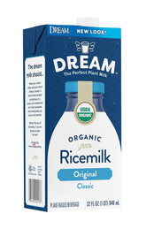 Dream Blends front carton view showing organic rice milk and benefits