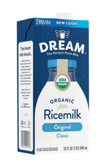 Dream Blends front carton view showing organic rice milk and benefits