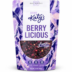 DRINK KATY'S front pouch showing berry tea packaging and freshness benefit