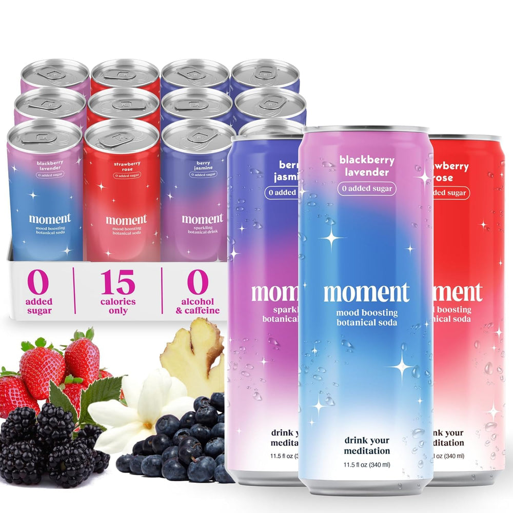 Drink Your Meditation Moment front packaging showing three cans and benefits