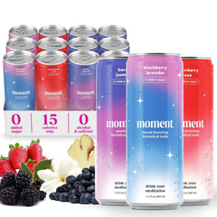 Drink Your Meditation Moment front packaging showing three cans and benefits