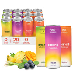Drink Your Meditation Moment front packaging showing three flavor cans and calming benefit