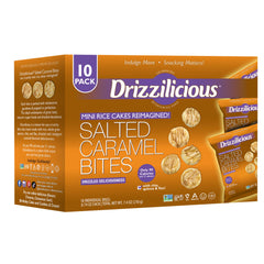 Drizzilicious front packaging showing salted caramel flavor and portioned bags