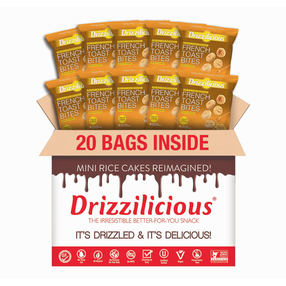 Drizzilicious front packaging showing mini French Toast rice cakes and on-the-go convenience