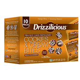 Drizzilicious front packaging showing cookies & cream mini rice cakes and serving size benefit