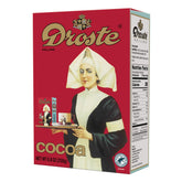 Droste cocoa front tin showing packaging and net weight, highlights premium quality