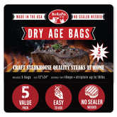 DryAgePro front pack of five 12x24 bags showing contents and labeling benefit: easy home aging