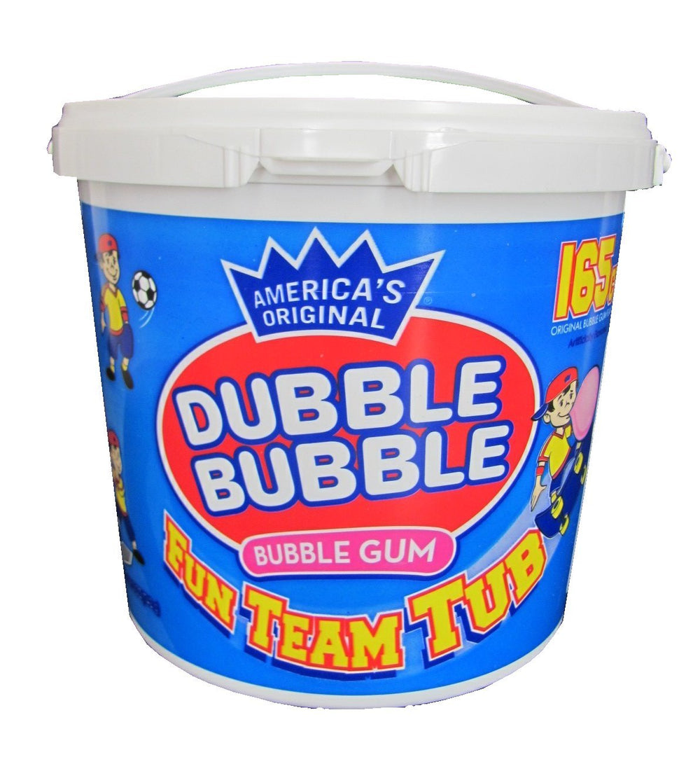 Dubble Bubble tub front packaging showing 165-count and resealable lid for easy storage and display