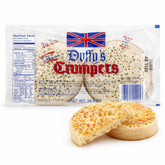 Duffy's front packaging showing pack of eight crumpets and branding benefit