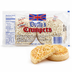 Duffy's front packaging showing pack of eight crumpets and branding benefit