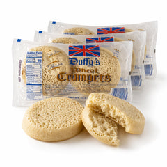 Duffy's front packaging showing wheat crumpets and pack count benefit