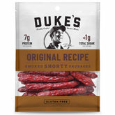 DUKE'S front packaging showing pack of smoked shorty sausages and convenience