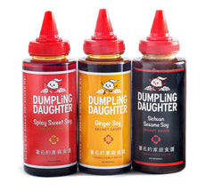 Dumpling Daughter trio front packaging showing three bottles and labels, highlights variety