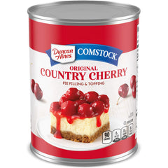 Duncan Hines Comstock front packaging shows 21 oz can and cherry filling benefit