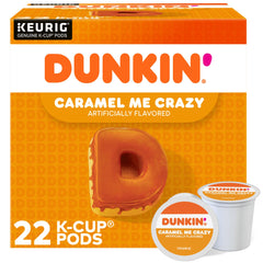 Dunkin' box front showing Caramel Me Crazy pods and flavor benefit