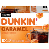 Dunkin' front packaging showing 10-count caramel pods for quick indulgent coffee