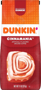 Dunkin' Cinnamania front packaging showing cinnamon roll flavor and benefit of bakery-like taste