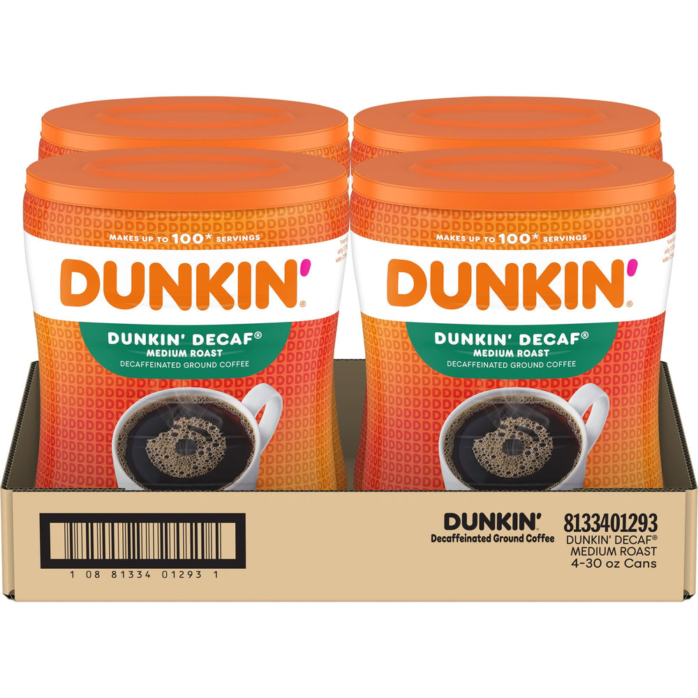 Dunkin' decaf front canister showing packaging and long-lasting supply benefit