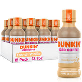 Dunkin' bottle front view showing brand and French vanilla flavor, convenient grab-and-go