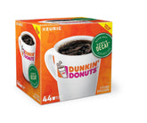 Dunkin' front box packaging showing 44-count and medium roast benefit quick supply
