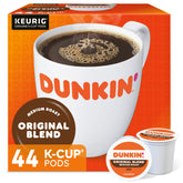 Dunkin' front of carton showing 44 pods and brand packaging benefit convenience