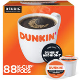 Dunkin' carton front view showing brand and dark roast, convenient supply