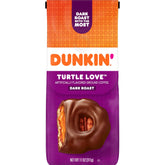 Dunkin' front packaging of Turtle Love bag showing product name and size benefits aroma