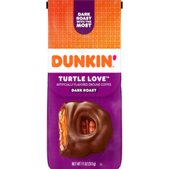 Dunkin' front packaging of Turtle Love bag showing product name and size benefits aroma