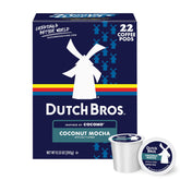 Dutch Bros front packaging showing 22 pods and bold coconut mocha branding for convenience