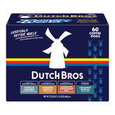 Dutch Bros front box shot showing four-flavor pack and easy brewing benefit