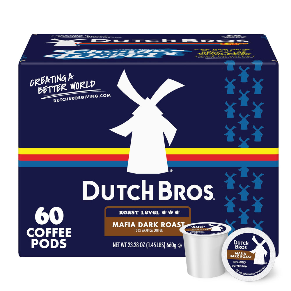 Dutch Bros front packaging showing box and bold roast branding for fast recognition
