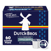 Dutch Bros box front packaging showing vanilla caramel pods and branding for easy identification and convenience