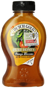 Dutch Gold front label close-up showing orange blossom honey and clear jar, highlights natural floral flavor