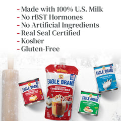Eagle Brand pouch beside coffee and pancakes, convenient boost of sweet flavor