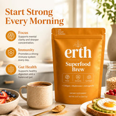 Earth Superfood Brew open pouch displaying powder and freshness seal benefit