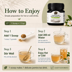 EAST NATURHUS pouring hot jasmine tea from jar into cup for fast preparation