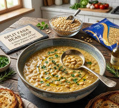 Eastern Feast cooked faba beans served in a bowl with herbs illustrating ready-to-eat meal potential