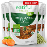 EATIFUL front packaging showing organic lentil soup and label benefits