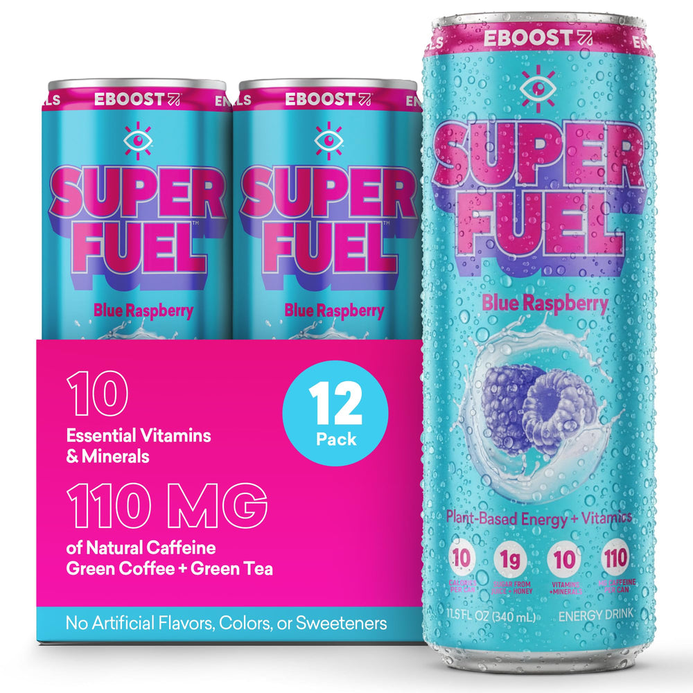 EBOOST Blue Raspberry front can showcasing branding and clean energy appeal