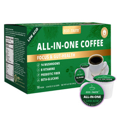 ECO-TASTE front packaging showing low-acid mushroom coffee benefits