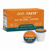 ECO-TASTE front packaging showing 16 decaf mushroom coffee pods and benefits