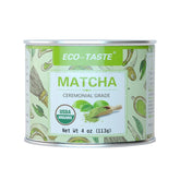 ECO-TASTE front packaging shows organic matcha, clear ingredient transparency